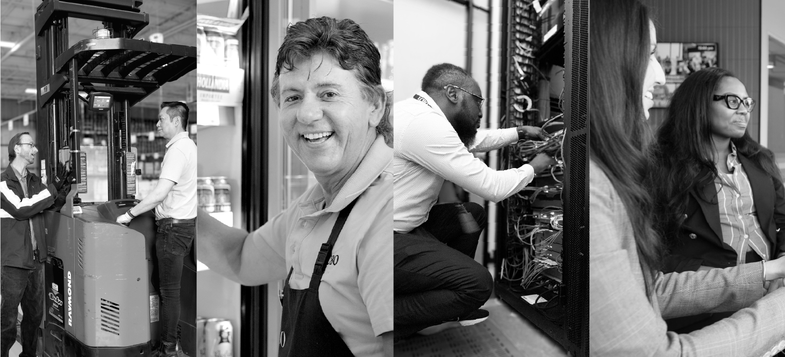 A black and white photo with 4 different images merged showing real life employees in the warehouse using a forklift, at a retail store stocking beer, at head office fixing a server and at headoffice having a meeting. Everyone is smiling enjoying there work.