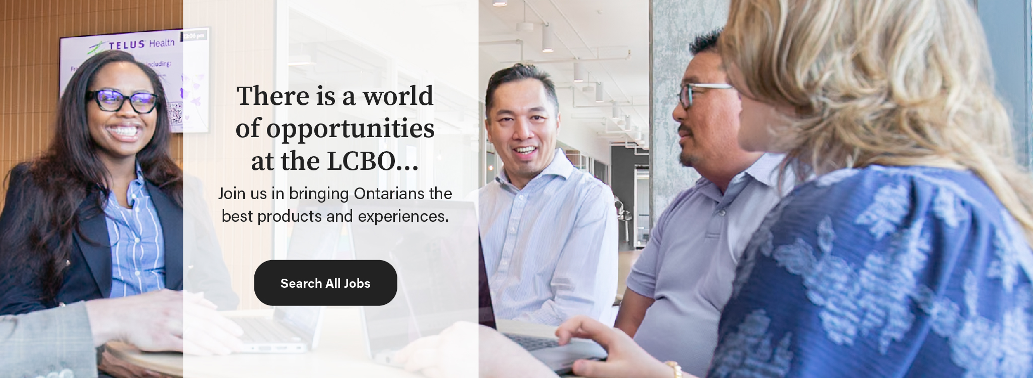 Corporate employee collaborating with two colleagues in front of a white board at LCBO head office. The message is, there is a world of opportunities, all you need to do is click on the link to find available jobs at the LCBO.