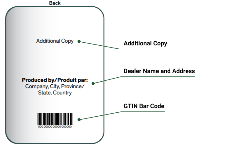 Spirit back label showing the breakdown of the label, including any additional copy of labelling statements, Dealer Name and Address, and finally the GTIN Bar Code at the bottom of the label. Organic Claims can be included but are not demonstrated in this illustration.