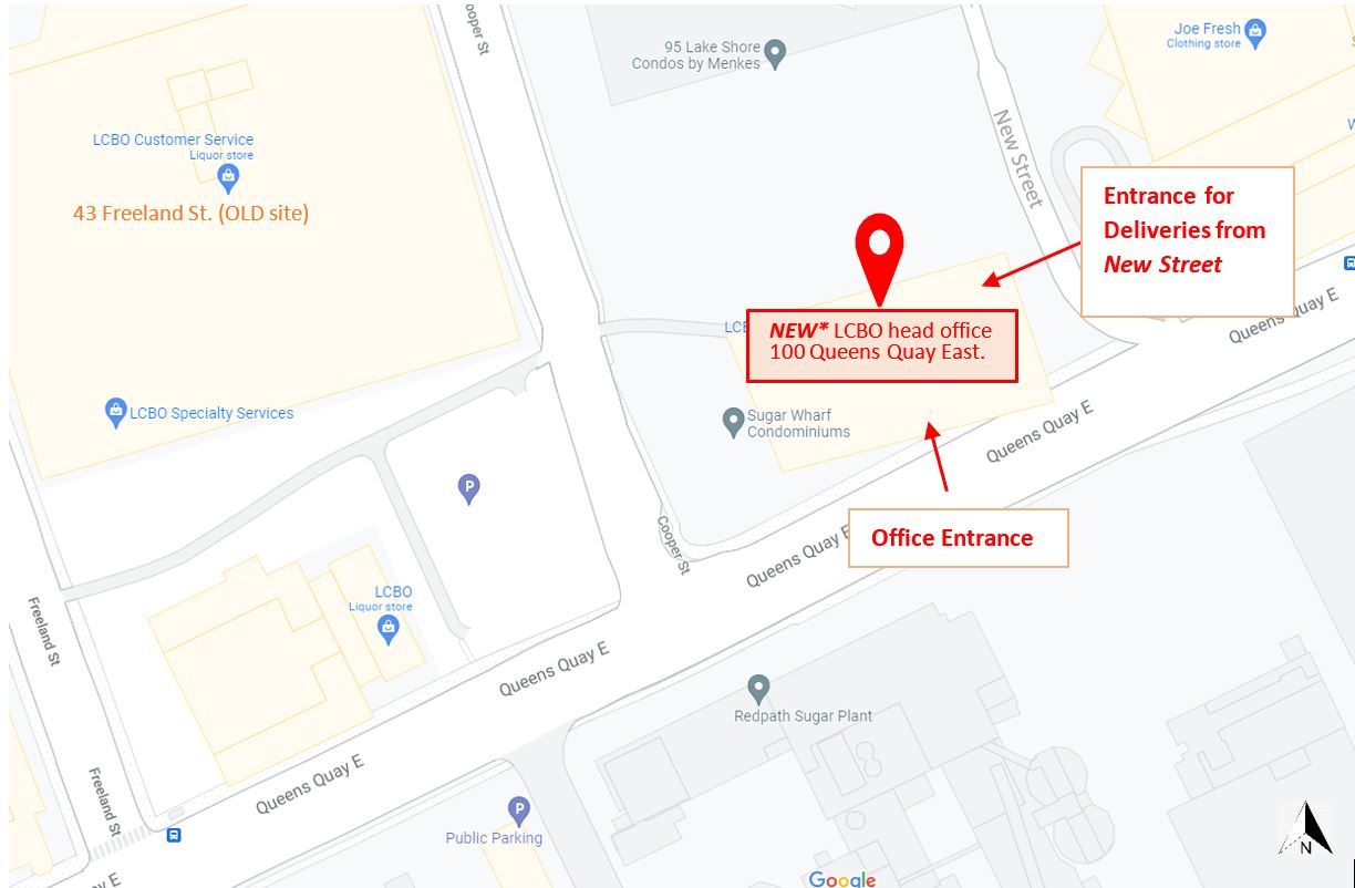 Map indicating entrance to New Street on east side of the office building, where in person submissions can be dropped off in person