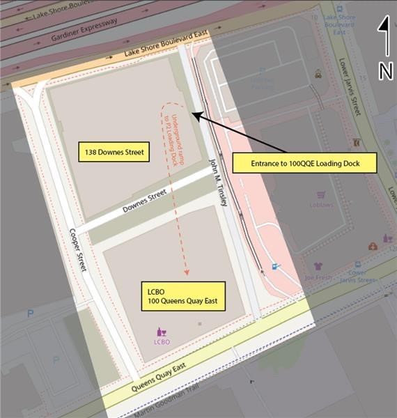 Temporary In Person Submission Map Map indicating entrance to New Street on east side of the office building, where in person submissions can be dropped off in person