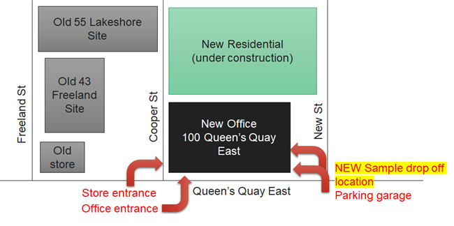 A map indicating the new sample drop-off area at the new LCBO head office