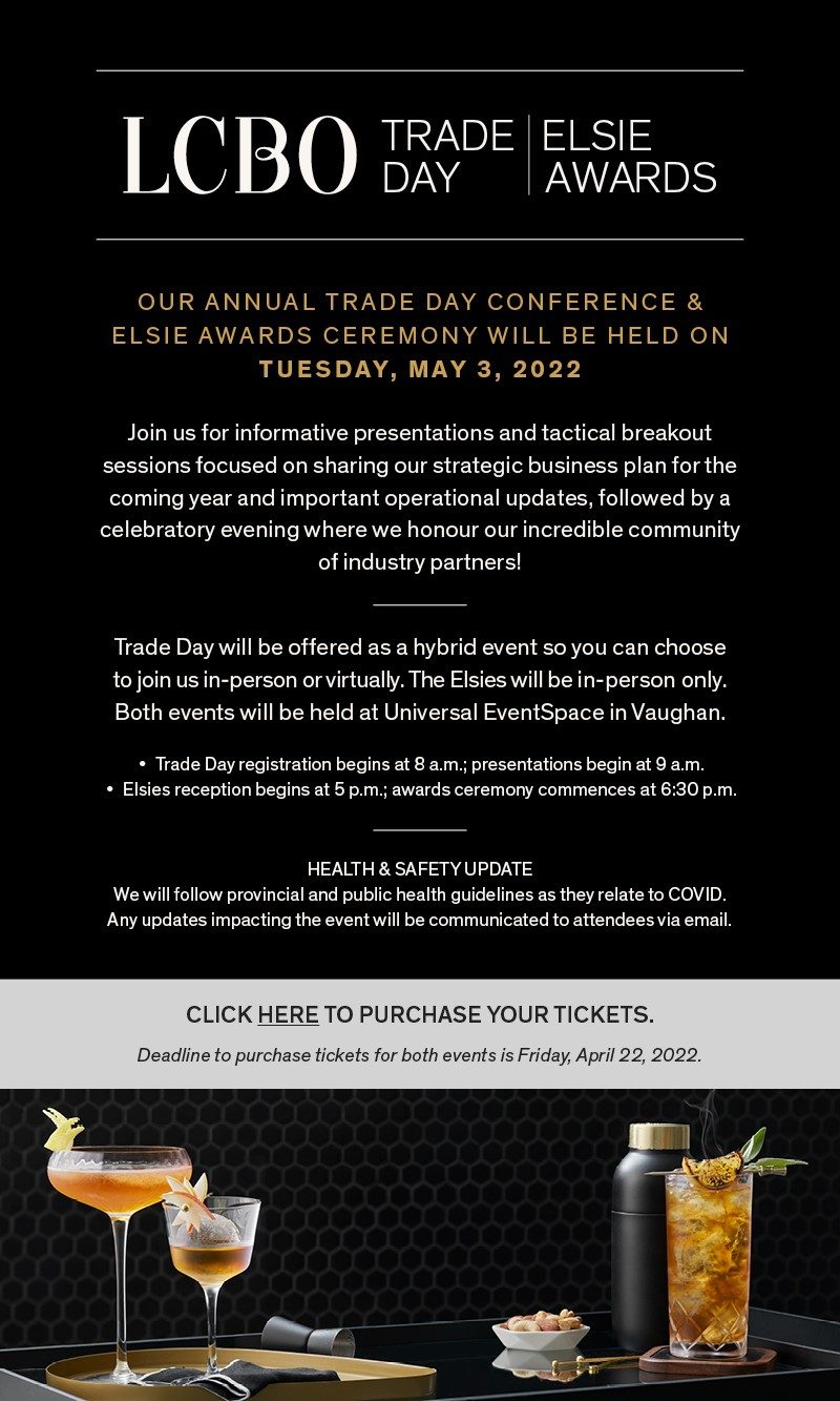 Image of the invitation to the LCBO's Trade Day and Elsie Awards 2022